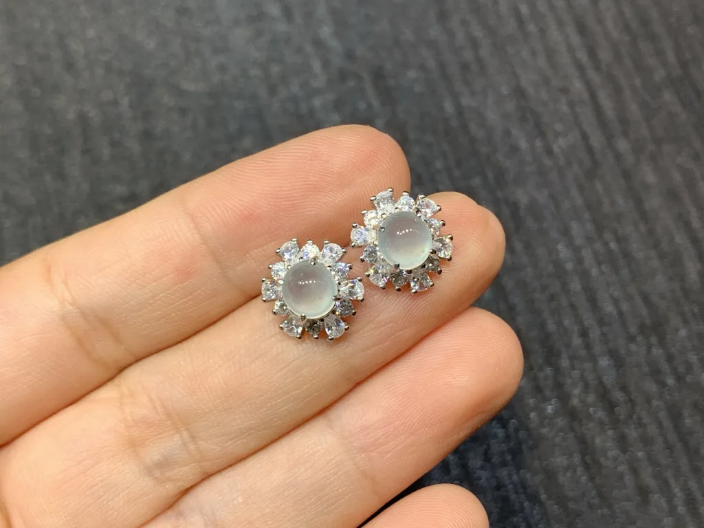 Icy Glowing Natural Jadeite Cabochon Stud Earrings — S925 Silver · No. 6306 (photo 2)