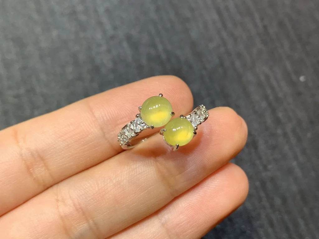 High-Icy Honey Yellow Natural Jadeite Twin Cabochon Ring — S925 Silver · No. CFF6 (photo 2)