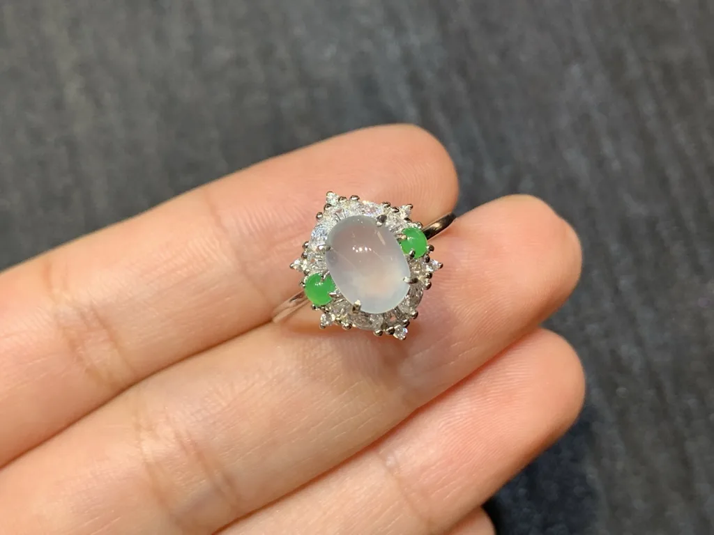 High-Icy Glowing Natural Jadeite Cabochon Ring — S925 Silver · No. 1F1C (photo 2)