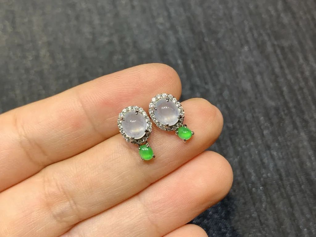 High-Icy Glowing White and Green Natural Jadeite Cabochon Stud Earrings — S925 Silver · No. 8B78 (photo 2)