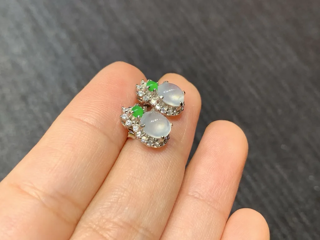 High-Icy Glowing White and Green Natural Jadeite Cabochon Stud Earrings — S925 Silver · No. 8A6E (photo 4)