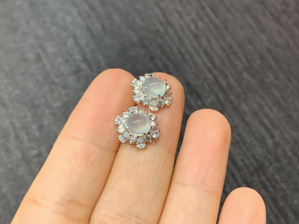 Icy Glowing Natural Jadeite Cabochon Stud Earrings — S925 Silver · No. 6306 (photo 4)