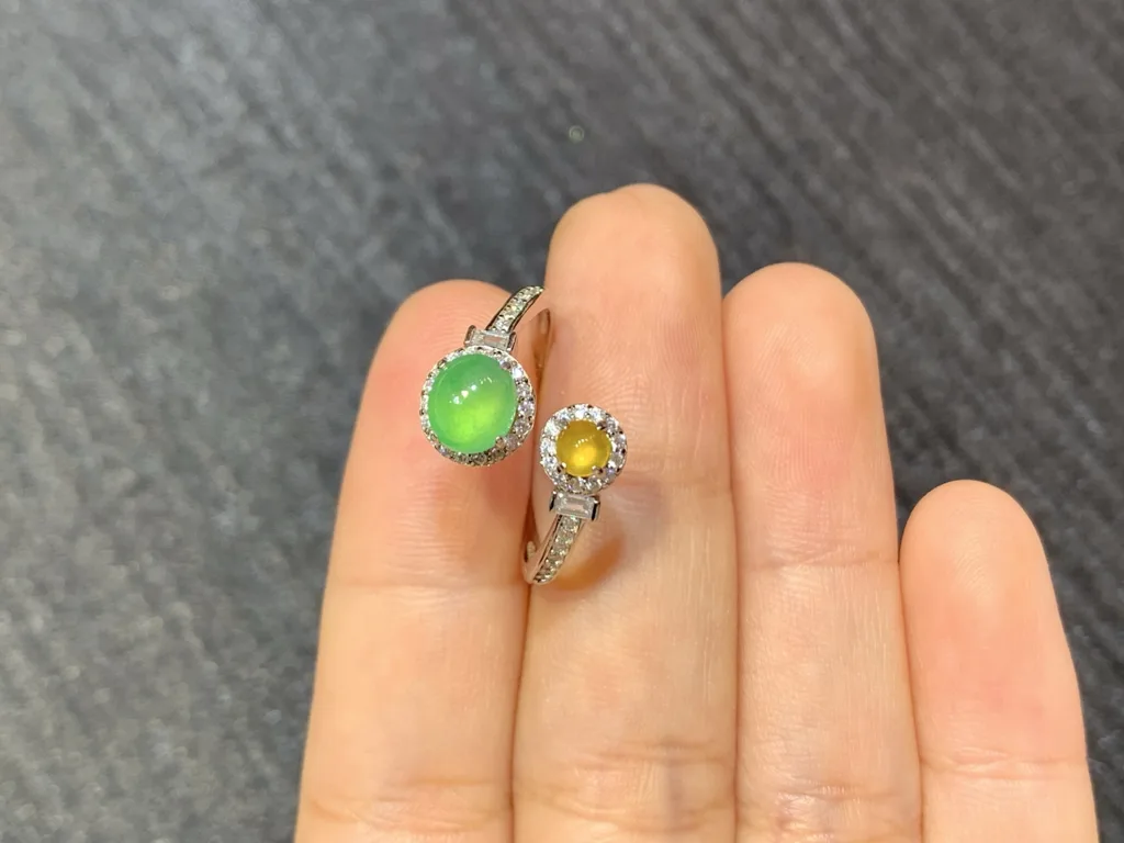 High-Icy Yellow and Green Natural Jadeite Cabochon Ring — S925 Silver · No. 92D5 (photo 3)