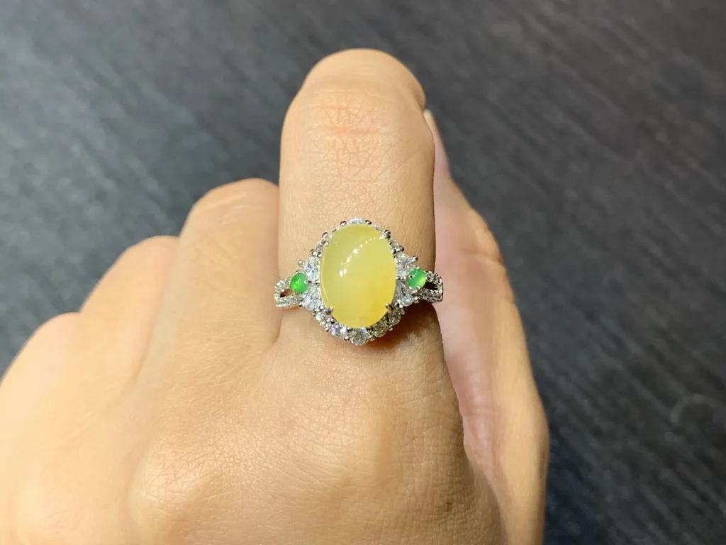 High-Icy Honey Yellow Natural Jadeite Cabochon Ring — S925 Silver · No. 82DF (photo 5)
