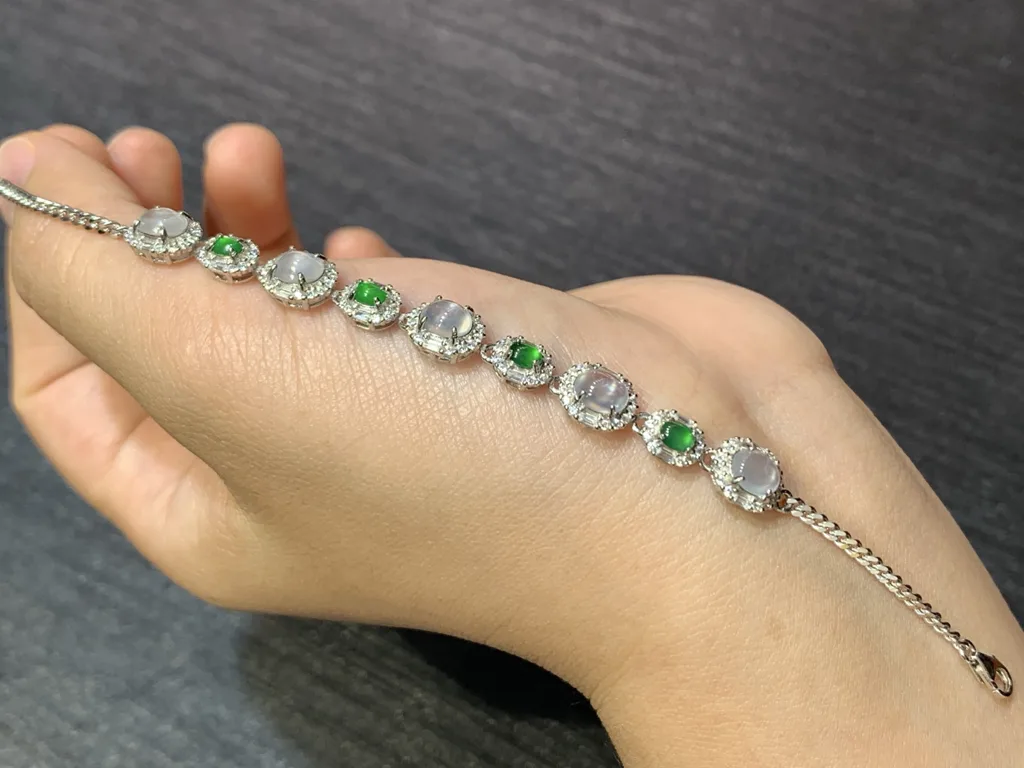 高冰玻璃➕阳绿天然翡翠蛋面手链 S925 银 · 编号 9196（图 2）