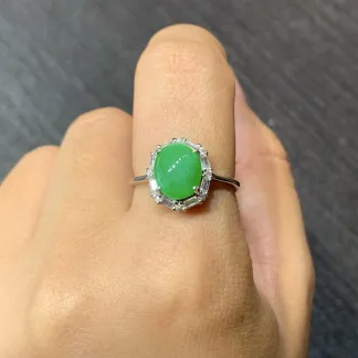 Icy Vivid Green Natural Jadeite Cabochon Ring — S925 Silver · No. F9E6 (photo 5)