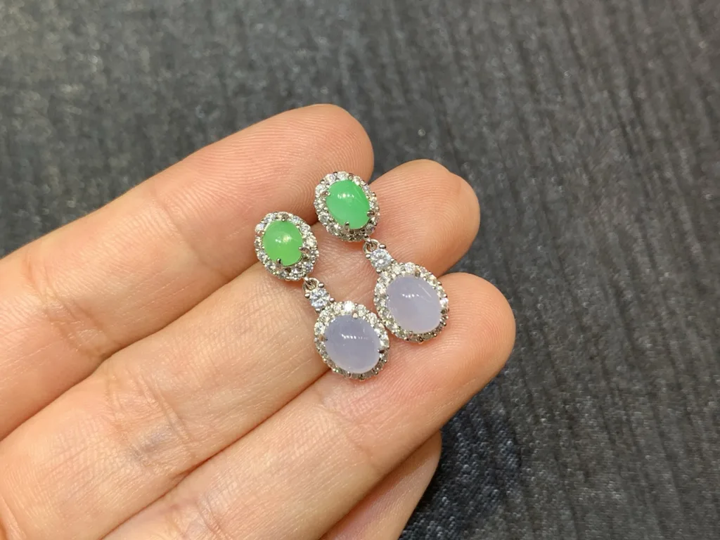 Icy Lavender and Green Natural Jadeite Cabochon Drop Earrings — S925 Silver · No. C44E (photo 2)