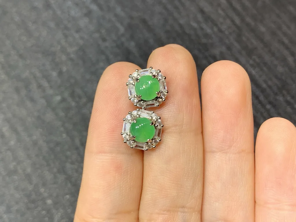 Icy Vivid Green Natural Jadeite Cabochon Stud Earrings — S925 Silver · No. F091 (photo 3)