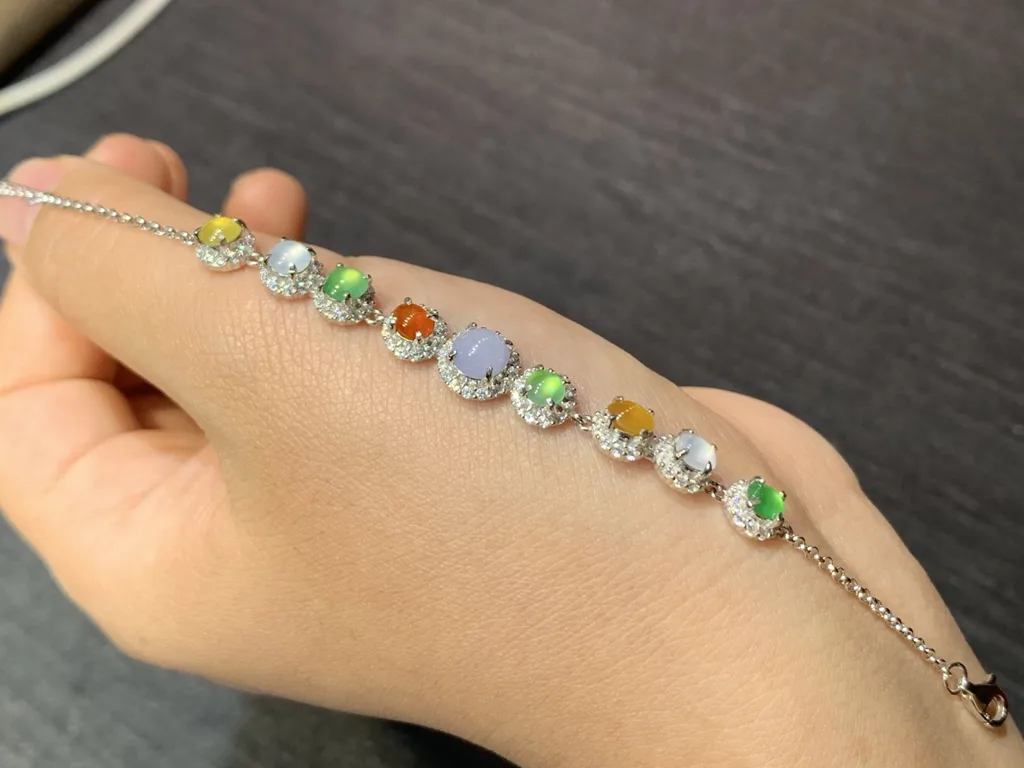 高冰多彩天然翡翠蛋面手链 S925 银 · 编号 E605（图 2）
