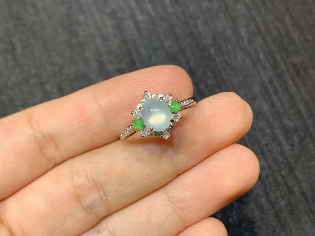 High-Icy Glowing Natural Jadeite Cabochon Ring — S925 Silver · No. 989F (photo 2)