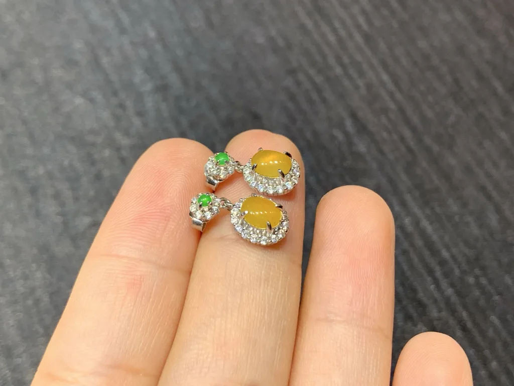High-Icy Honey Yellow Natural Jadeite Cabochon Drop Earrings — S925 Silver · No. 2542 (photo 4)