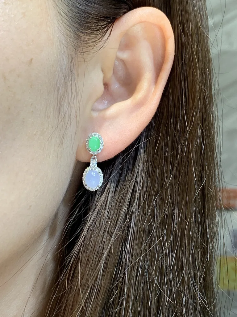 Icy Lavender and Green Natural Jadeite Cabochon Drop Earrings — S925 Silver · No. C44E (photo 5)