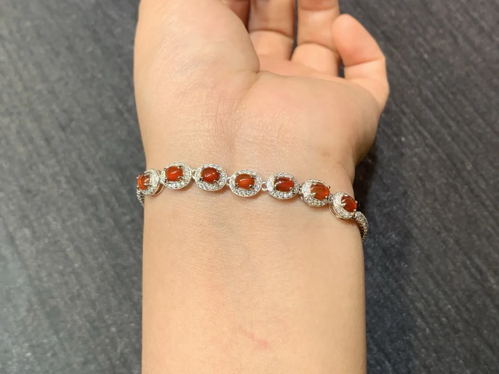 High-Icy Russet Red Natural Jadeite Cabochon Bracelet — S925 Silver · No. 7984 (photo 4)