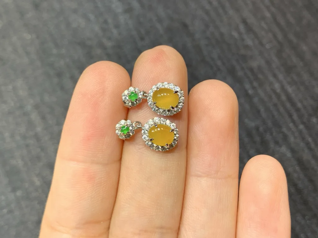 High-Icy Honey Yellow Natural Jadeite Cabochon Drop Earrings — S925 Silver · No. 2542 (photo 3)