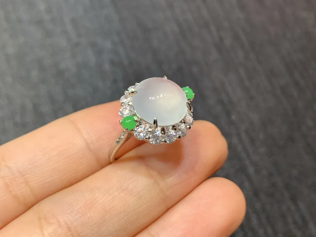 High-Icy Glowing Natural Jadeite Cabochon Ring — S925 Silver · No. 55A4 (photo 4)