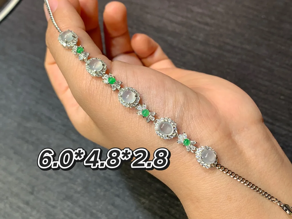 High-Icy Glowing Natural Jadeite Cabochon Bracelet — S925 Silver · No. 9B5E (photo 1)