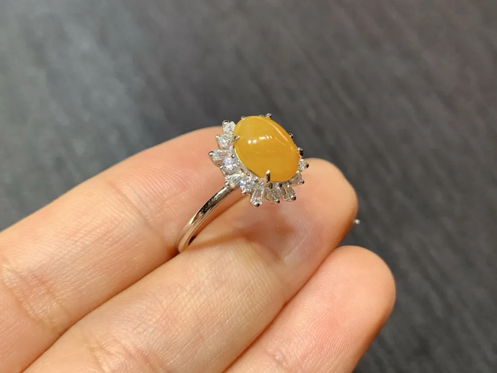Icy Honey Yellow Natural Jadeite Cabochon Ring — S925 Silver · No. 1A3A (photo 4)