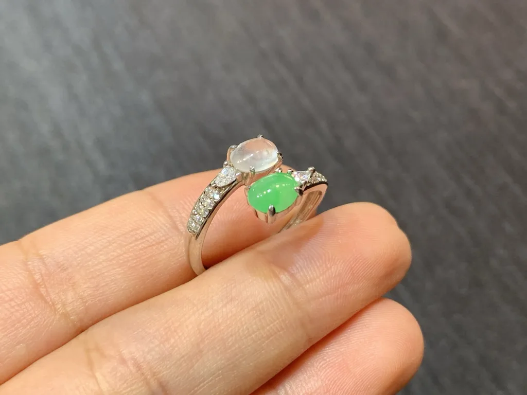 High-Icy White and Green Natural Jadeite Cabochon Ring — S925 Silver · No. 10B2 (photo 4)