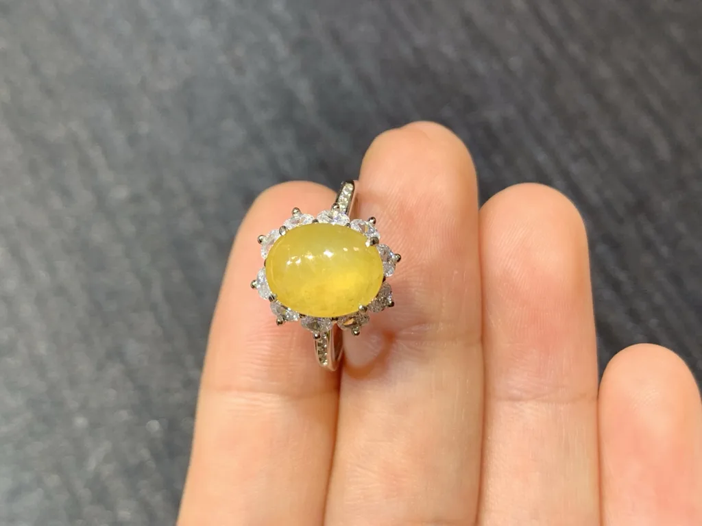High-Icy Honey Yellow Natural Jadeite Cabochon Ring — S925 Silver · No. F03E (photo 3)