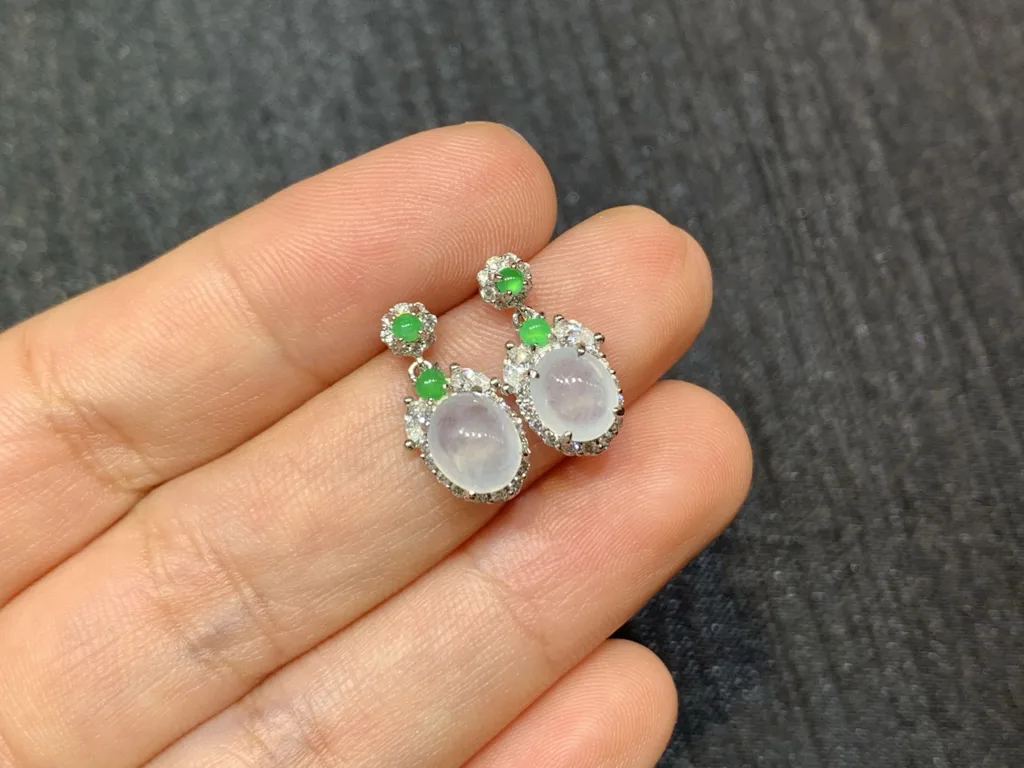 High-Icy Glowing Natural Jadeite Cabochon Drop Earrings — S925 Silver · No. 687F (photo 2)