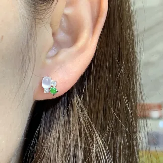 High-Icy Glowing White and Green Natural Jadeite Cabochon Stud Earrings — S925 Silver · No. CE26 (photo 5)
