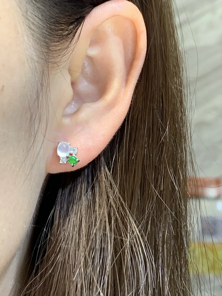 High-Icy Glowing White and Green Natural Jadeite Cabochon Stud Earrings — S925 Silver · No. CE26 (photo 5)