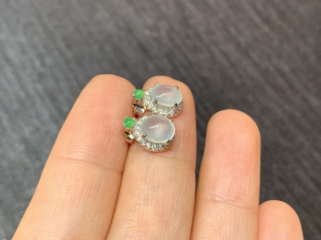 High-Icy Glowing Natural Jadeite Cabochon Stud Earrings — S925 Silver · No. 4B3E (photo 4)