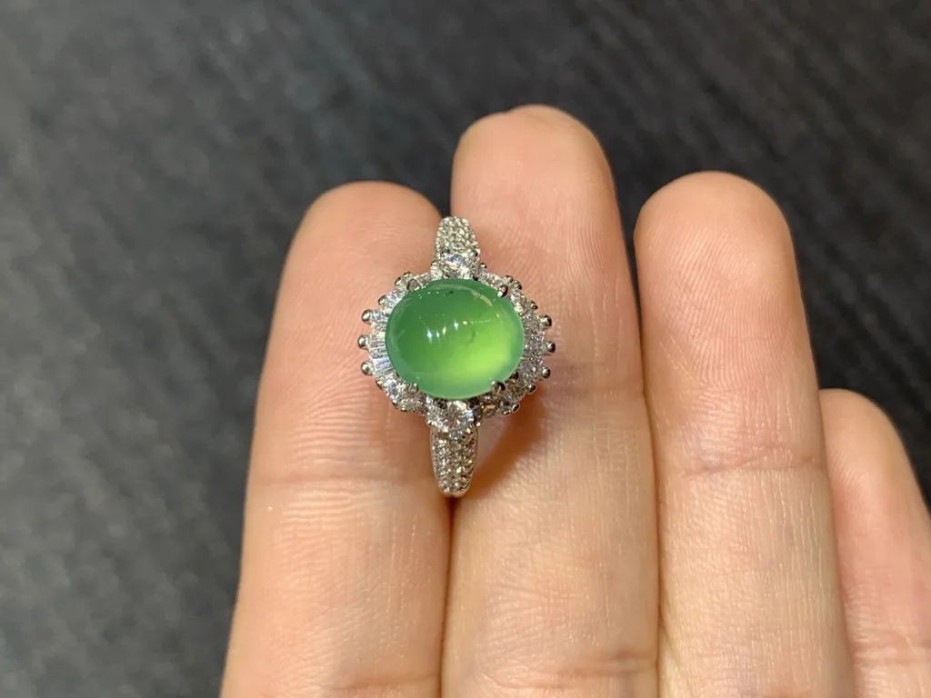 High-Icy Clear Green Natural Jadeite Cabochon Ring — S925 Silver · No. 74B3 (photo 3)