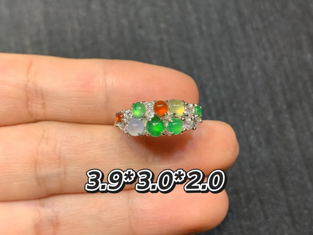 High-Icy Multicolor Natural Jadeite Cabochon Ring — S925 Silver · No. 48C5 (photo 1)