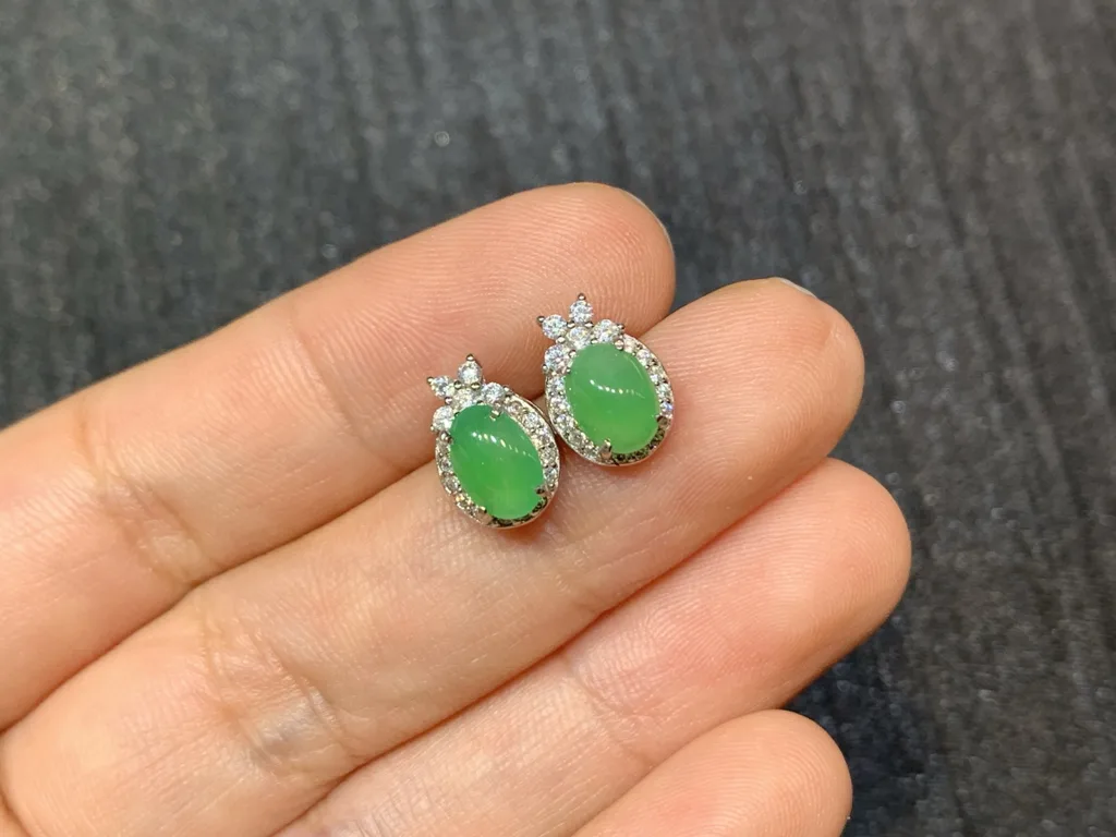 Icy Vivid Green Natural Jadeite Cabochon Stud Earrings — S925 Silver · No. 2277 (photo 2)