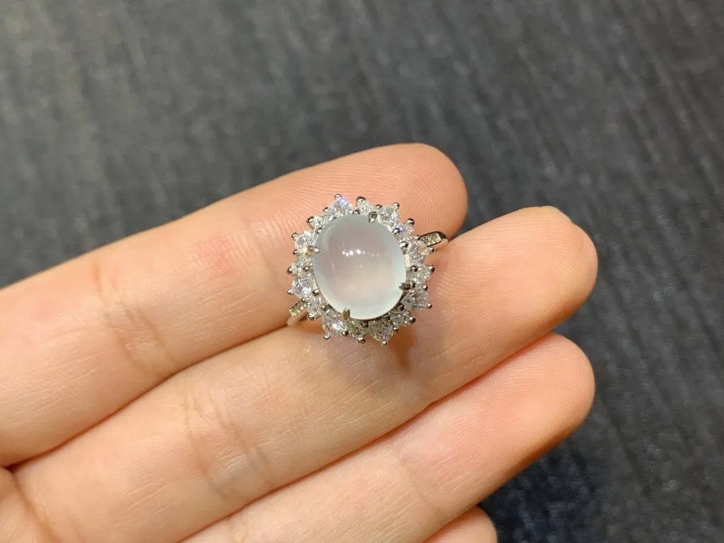 High-Icy Glowing Natural Jadeite Cabochon Ring — S925 Silver · No. 9820 (photo 2)