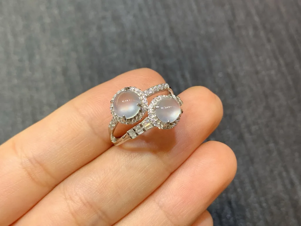 High-Icy Glowing Natural Jadeite Twin Cabochon Ring — S925 Silver · No. 6B23 (photo 5)
