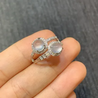 High-Icy Glowing Natural Jadeite Twin Cabochon Ring — S925 Silver · No. 6B23 (photo 5)