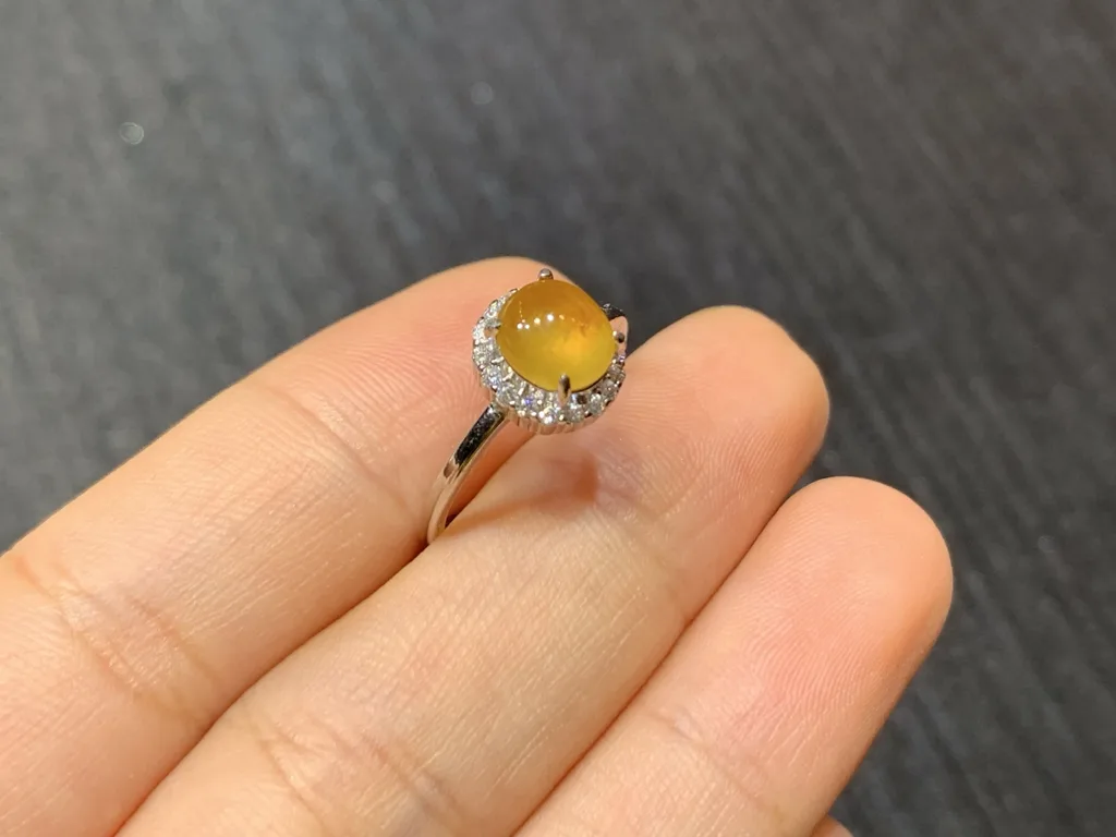 High-Icy Honey Yellow Natural Jadeite Cabochon Ring — S925 Silver · No. 74B1 (photo 4)