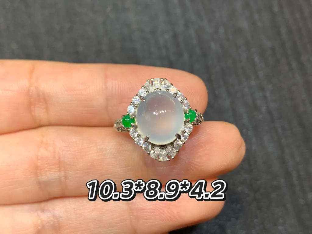 High-Icy Glowing Natural Jadeite Cabochon Ring — S925 Silver · No. 534A10 (photo 1)