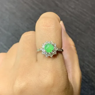 Icy Vivid Green Natural Jadeite Cabochon Ring — S925 Silver · No. 56CC (photo 5)