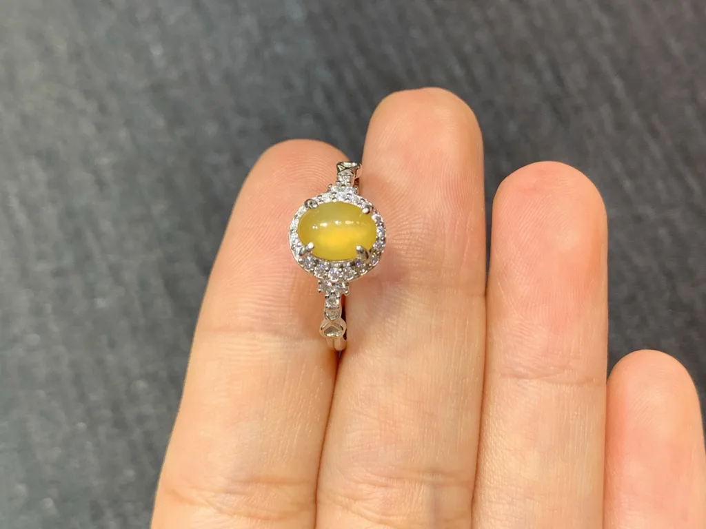 High-Icy Honey Yellow Natural Jadeite Cabochon Ring — S925 Silver · No. AA4D (photo 3)