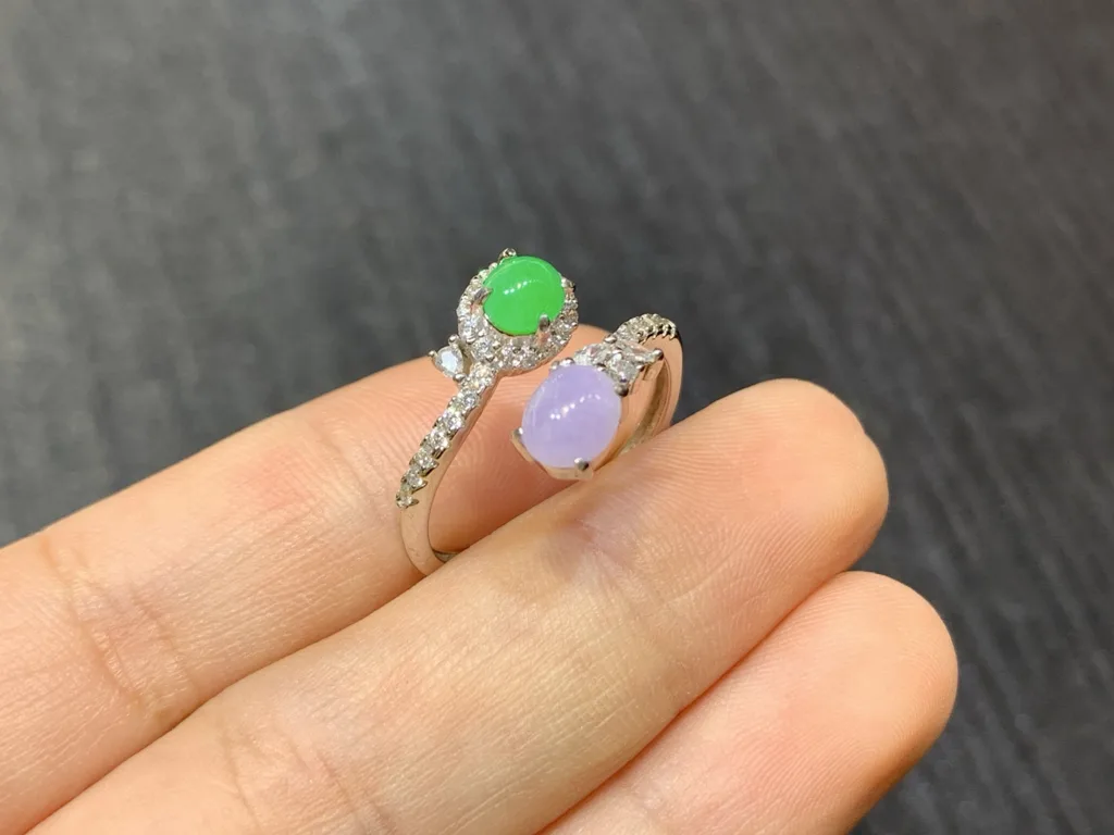 Lavender and Vivid Green Natural Jadeite Cabochon Ring — S925 Silver · No. 90D8 (photo 4)