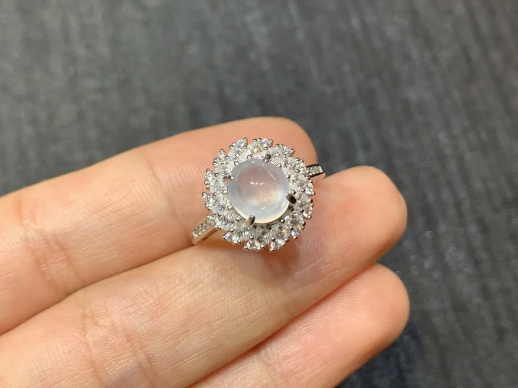 High-Icy Glowing Natural Jadeite Cabochon Ring — S925 Silver · No. 07DD (photo 2)
