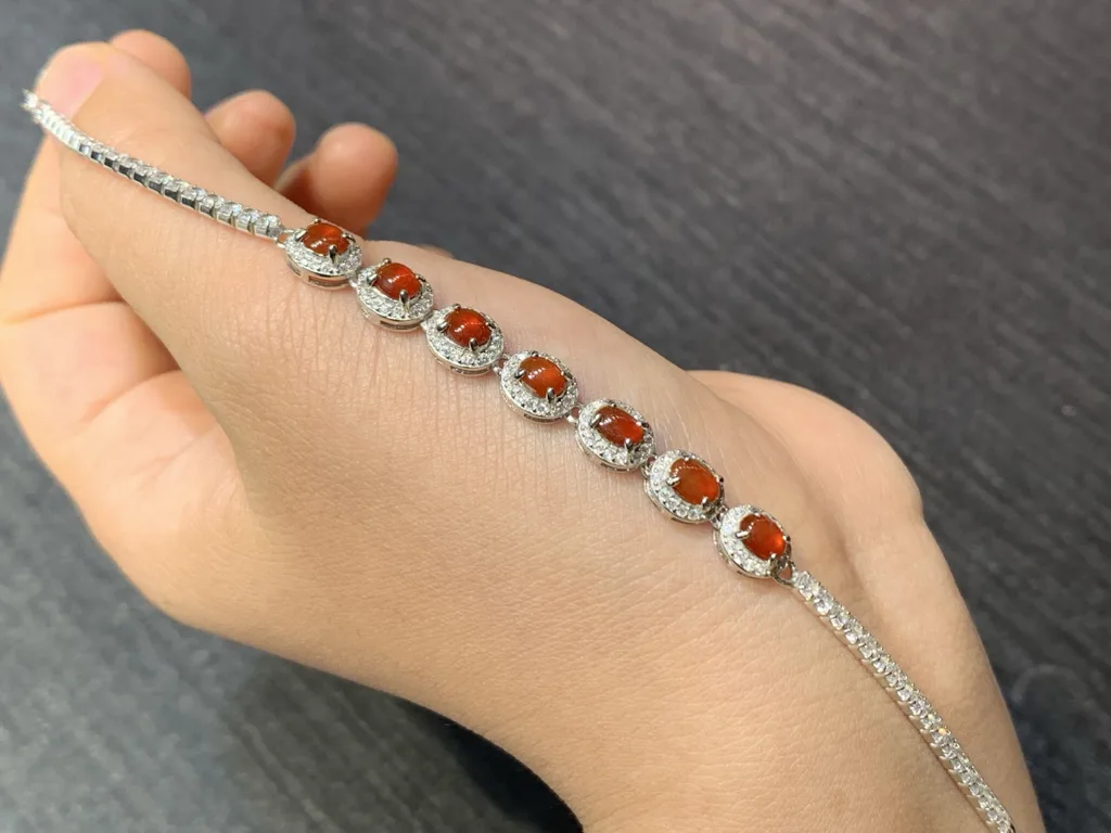 High-Icy Russet Red Natural Jadeite Cabochon Bracelet — S925 Silver · No. 7984 (photo 2)