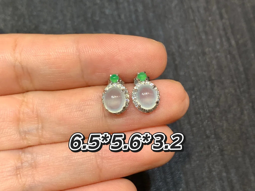 High-Icy Glowing Natural Jadeite Cabochon Stud Earrings — S925 Silver · No. 4B3E (photo 1)