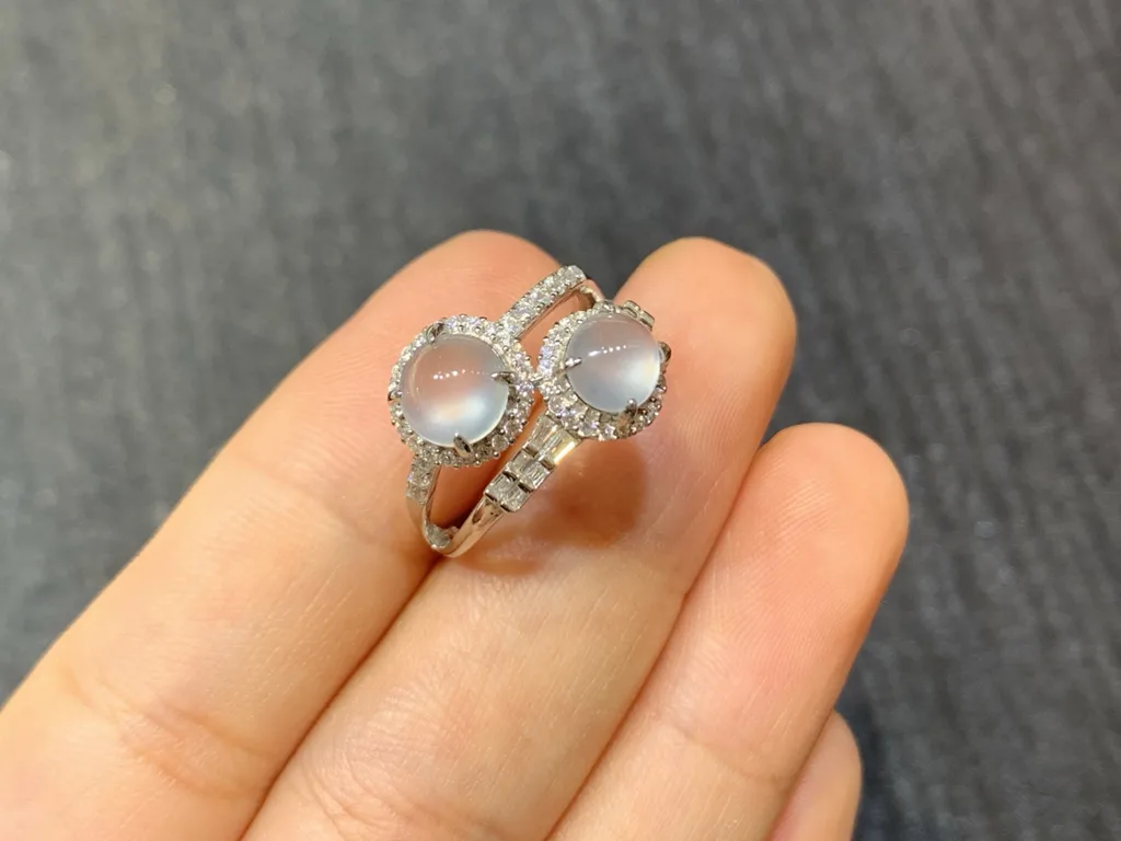 High-Icy Glowing Natural Jadeite Twin Cabochon Ring — S925 Silver · No. 6B23 (photo 2)