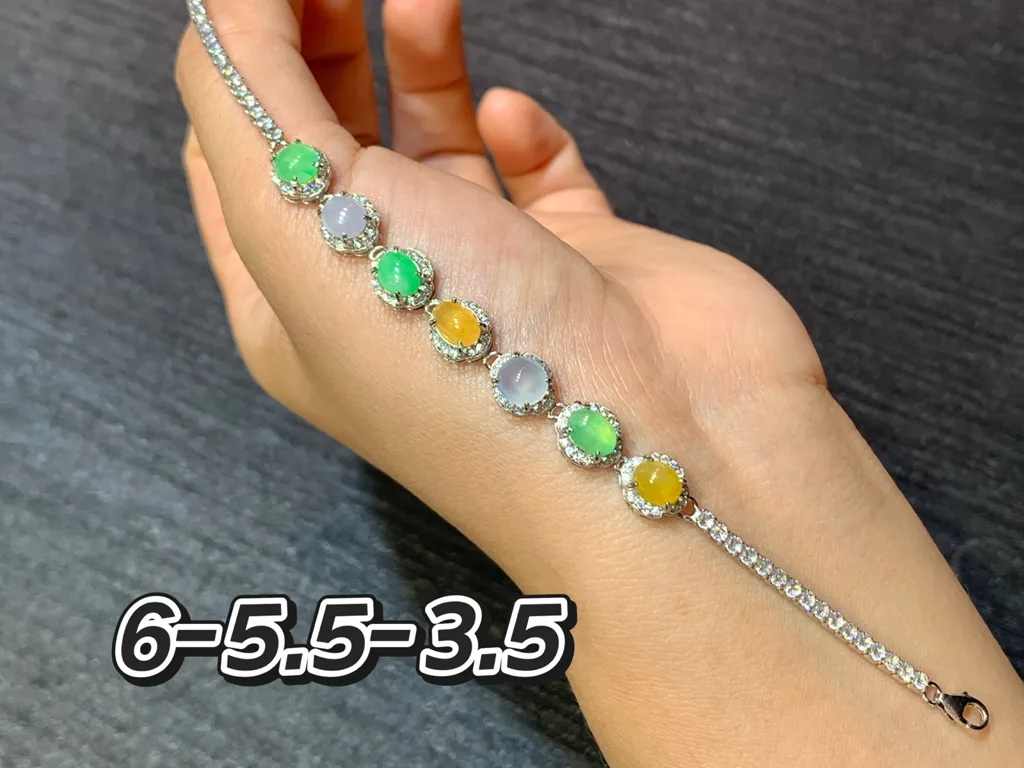 High-Icy Multicolor Natural Jadeite Cabochon Bracelet — S925 Silver · No. 15BD (photo 1)