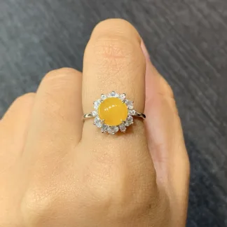 High-Icy Honey Yellow Natural Jadeite Cabochon Ring — S925 Silver · No. E7C7 (photo 5)