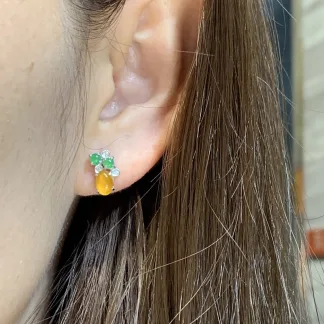 High-Icy Yellow and Green Natural Jadeite Cabochon Stud Earrings — S925 Silver · No. CD4F (photo 5)
