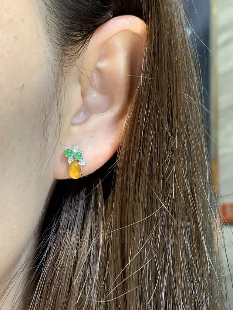 High-Icy Yellow and Green Natural Jadeite Cabochon Stud Earrings — S925 Silver · No. CD4F (photo 5)