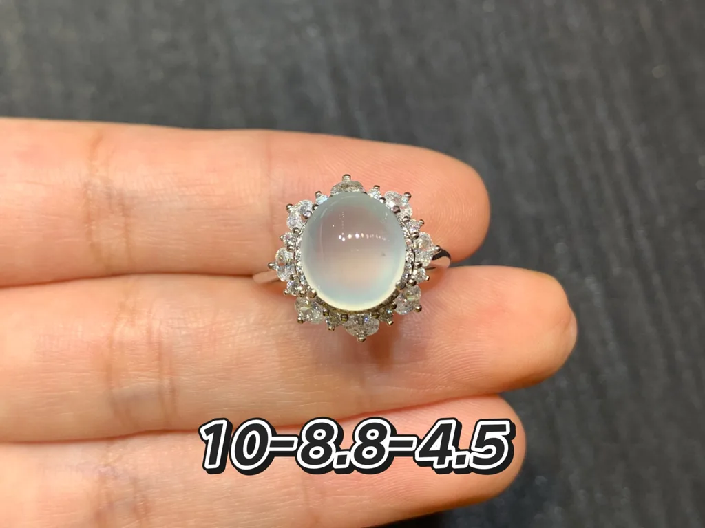 High-Icy Glowing Natural Jadeite Cabochon Ring — S925 Silver · No. 0B98 (photo 1)