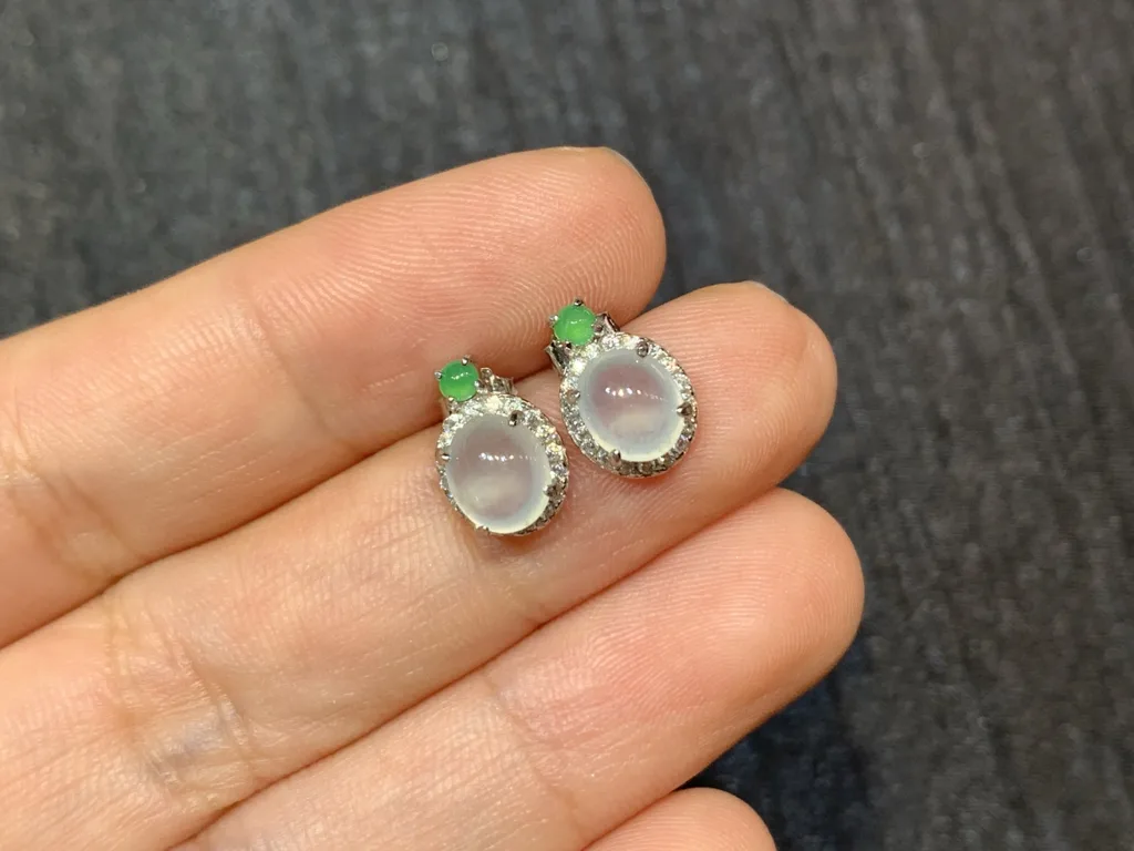 High-Icy Glowing Natural Jadeite Cabochon Stud Earrings — S925 Silver · No. 4B3E (photo 2)