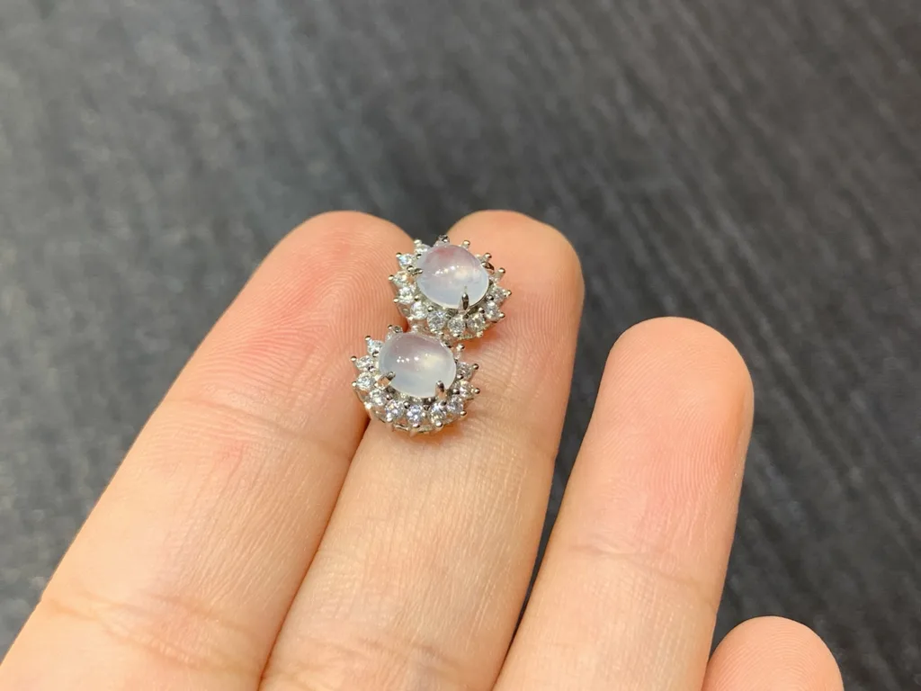 High-Icy Glowing Natural Jadeite Cabochon Stud Earrings — S925 Silver · No. 8F44 (photo 4)