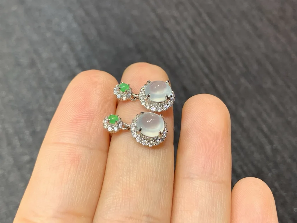 High-Icy Glowing Natural Jadeite Cabochon Drop Earrings — S925 Silver · No. 8FBF (photo 4)